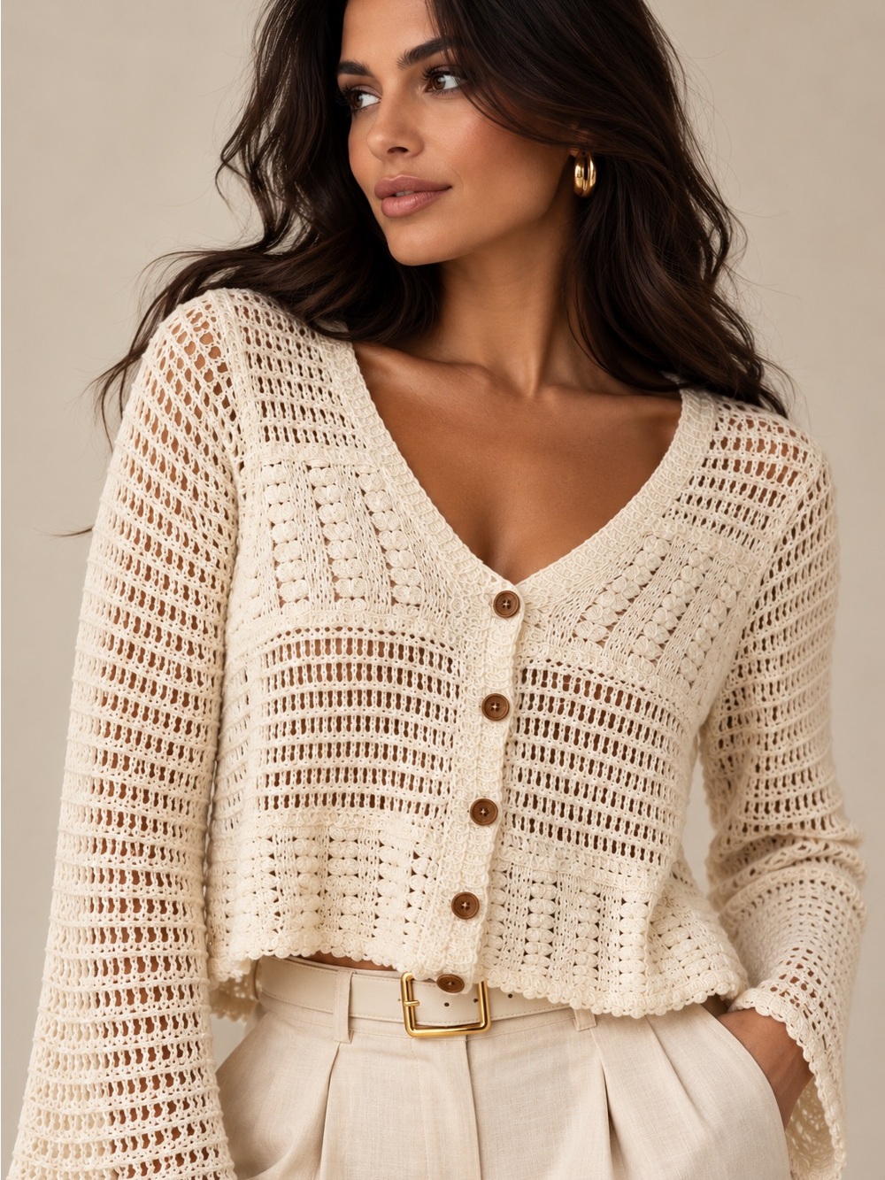 Rebellion Open-Knit V-Neck Button-Front Sweater Cardigan - Cream